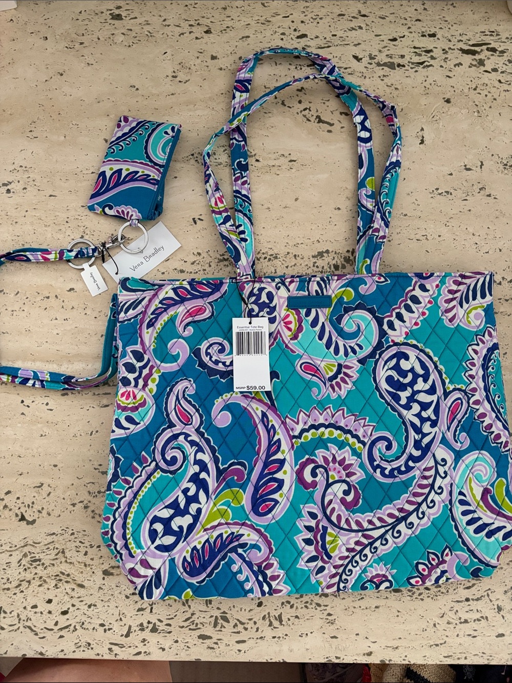 Vera Bradley Essential Tote, Zip Id, Lanyard Waikiki Paisley